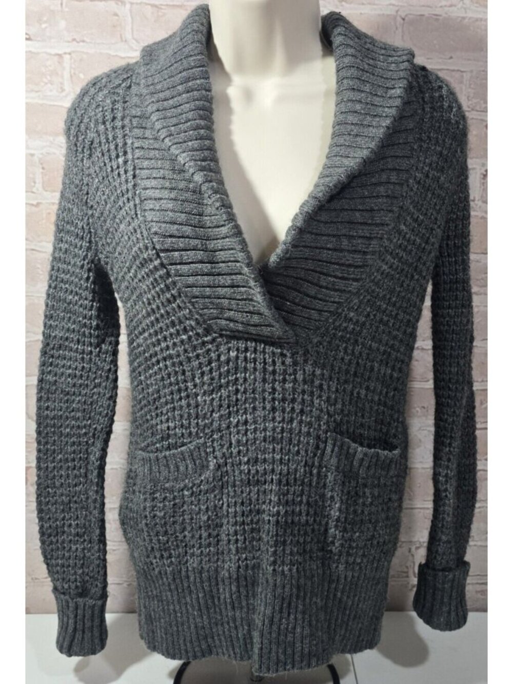 Ann Taylor Loft Gray Knit Sweater Alpaca Wool Roll Collar Pockets Pullover Sz XS